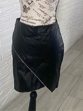 Bellivera Asymmetrical Black Faux Leather Skirt with Rhinestone Trim
